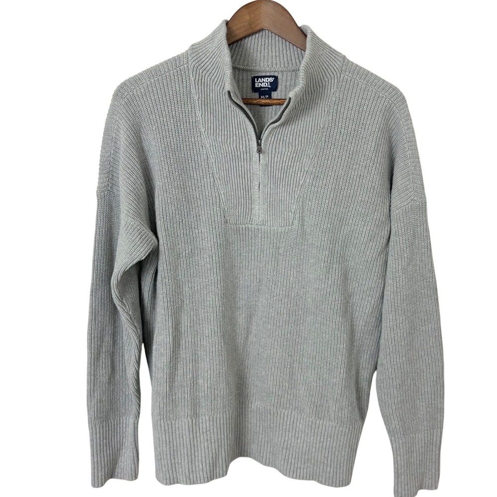 Lands End Drifter Sweater Mens M Light Gray 1/4 Zip Fisherman Knit Prep Cotton